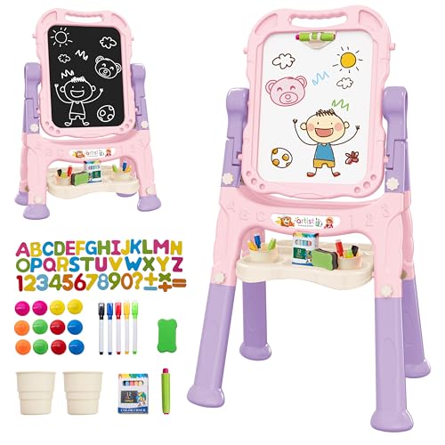 GalPat Baby Pizarra Infantil Magnética Doble Cara, Caballete para Niños con Altura Regulable, Incluye Tizas, Rotuladores, Letras y Números Magnéticos, Ideal para Aprendizaje y Creatividad (ROSA)