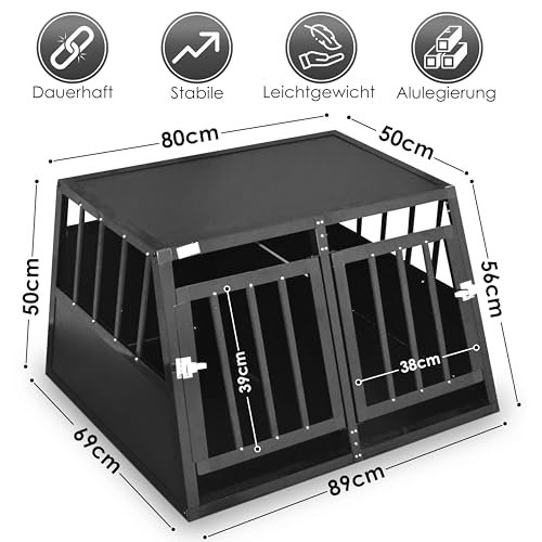 Defacto Hundetransportbox Alu Hundebox Reisebox Autobox Gittertür abschließbar Aluminium Transportbox für Hunde Tiertransportbox (Schwarz, (L) 89X69X50 cm)