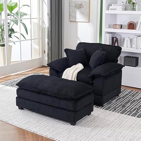 SULOPS Corduroy Overstuffed Chaise Lounge Chair, Oversized 47" W Single Sofa Ottoman & Pillows,Comfy Deep Seat Cloud Sofa Couch for Living Room Bedroom Nursery (Black) Cover