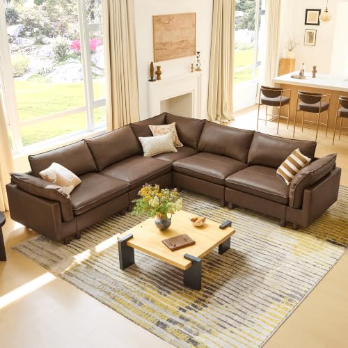 Image of CHITA 118 inch Leather Super Large Sectional Couches for Living Room, Modular Sofa, Premium Genuine Leather Sofa, Down Filled, High Density Foam, Real Leather in Coffee Brown, 5 Seat Corner Couch