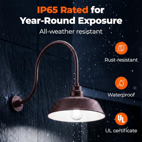 Image of 14in. Architectural Bronze Outdoor Gooseneck Barn Light Fixture With 24in. Long Extension Arm - Wall Sconce Farmhouse, Antique Style - UL Listed - 9W 900lm A19 LED Bulb (5000K Cool White) - 2-Pack