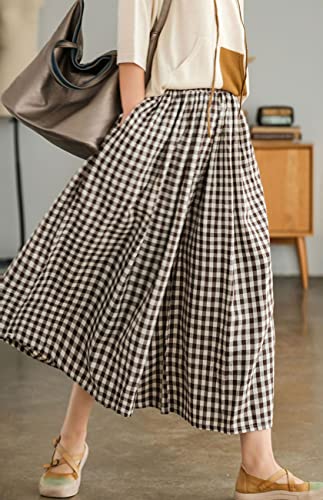 chouyatou Women's Cotton Linen Pants Elastic Waist Plaid Gingham Wide Leg Capri Palazzo Pants4