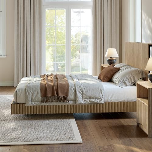 Image of Evermagin Oak Full Floating Bed Frame with Headboard | Boho Fluted Platform Bed with LED Lights, Heavy Duty Floating Bedframe with Charging Station, No Box Spring Needed