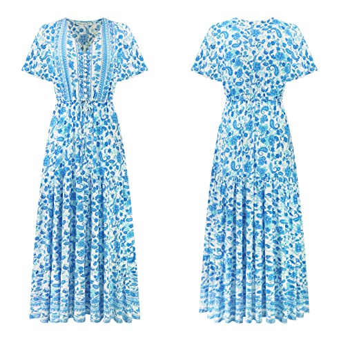 R.Vivimos Womens Summer Floral Print Cotton Short Sleeve Flowy Dress (Medium, WhiteSkyBlue) by R.Vivimos - Used condition - Image 2