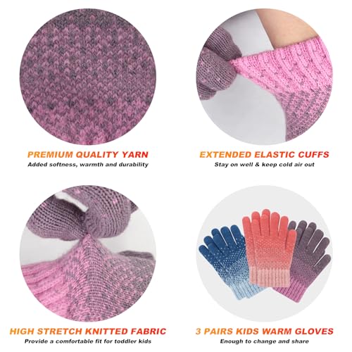 Winter Gloves for Toddler Kids - 3 Pairs Boys Girls Soft Warm Wool Lined Gloves Full Finger Children Knit Gloves4
