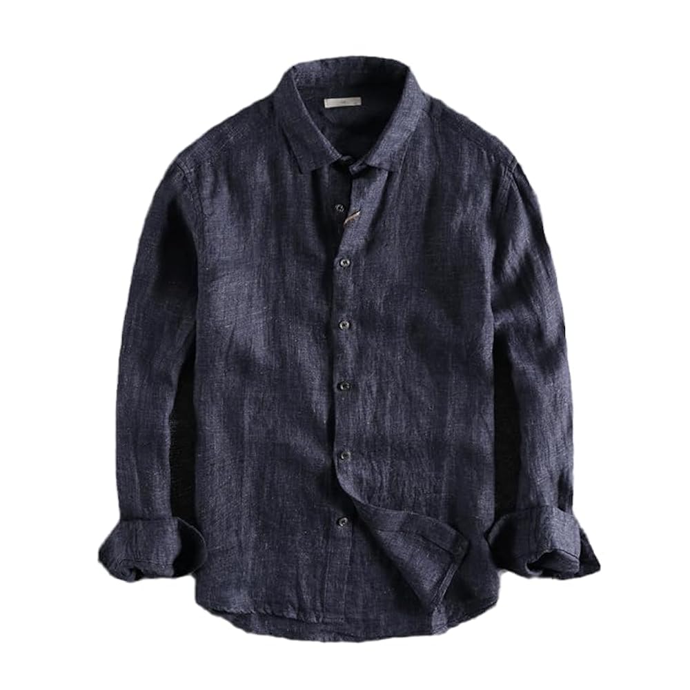 Men Linen Yarn-Dyed Shirt Japan Style Retro Distressed Long