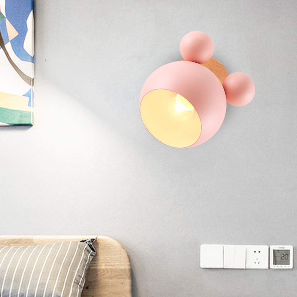 Mengjay Creativo cartone animato in legno Topolino applique da parete Nordic Macaron Lampada da parete a LED per bambini che leggono camera da letto comodino illuminazione E27 Luce da Muro (Rosa)