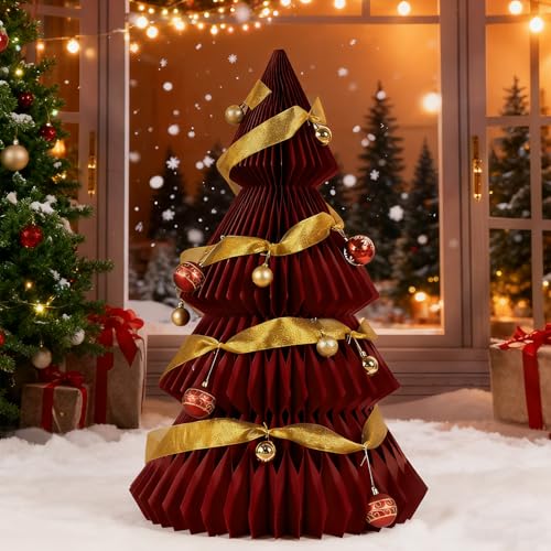 PAPER JAZZ 3ft Large Honeycomb Christmas Tree,3D Giant Red Paper