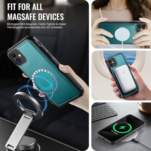 Usroom Compatible with Magsafe for iPhone 12/12 Pro Wallet Case Magnetic Card Holder, RFID Blocking 2 in 1 Detachable Kickstand Shockproof Cover for Women Men, Bluish Green by Usroom - Image 2