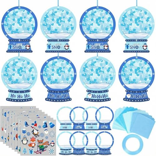 DoubleFill 48 Pcs Winter Snow Globe Suncatchers Craft Kits Bulk Make Your Own Snowglobes Let It Snow Ho Ho Stained Glass Tissues Paper Craft Kit for Window Art Activities Decoration