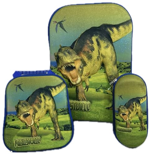Kit De Mochila Escolar Infantil Masculina Dinossauro 3D Com Rodinha Tripla Em Silicone Acompanha Lancheira E Estojo Resistente Impermeável
