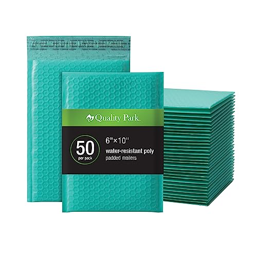 Image of Quality Park Bubble Mailers, 6 x 9 Inch, Teal Poly Mailers, Padded Envelopes, Shipping Envelopes, Water Resistant, Self Seal, 50 Per Box (QUA85857)