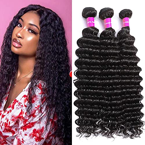 Millsi Brazilian Deep Wave Bundles Human Hair 100% Wet and Wavy Bundles Deep Wave Human Hair Bundles 10A Unprocessed Remy Virgin Curly Hair Weave Bundles (24 26 28,deep wave bundles),black