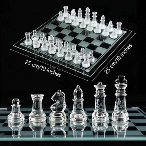 Zestaw do gry w szachy z drobnego szkła, figury szachowe z masywnego szkła i szachownica z kryształowego lustra, 25,4 x 25,4 cm, jako prezent dla młodzieży i dorosłych