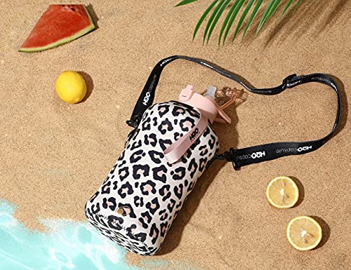 H2O Capsule 2.2L Half Gallon Water Bottle with Storage Sleeve and Covered Straw Lid – BPA Free Large Reusable Drink Container with Handle - Big Sports Jug, 2.2 Liter (74 Ounce) Leopard Print