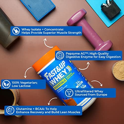 Image of FAST&UP Essentials Whey Protein Isolate Blend (Rich Chocolate Flavour), 15 Servings, 24g Protein, 5.5g BCAA, 4g Glutamine (1.06 Lbs, 480 Gms)