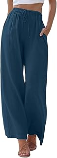 2025 - Pantalones rectos de lino de pierna ancha para mujer, pantalones de entrenamiento diario, cintura elástica, color sólido, pantalones rectos casuales sueltos con bolsillos