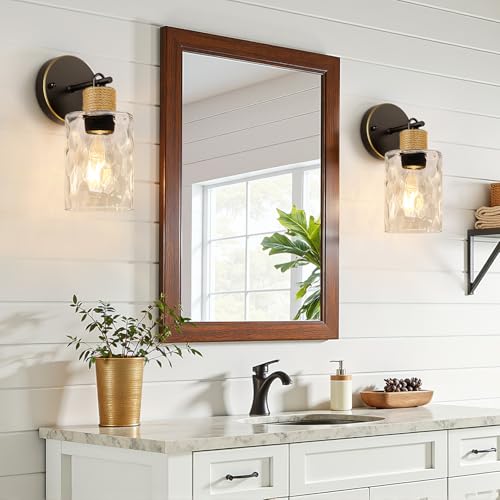 Image of MOKATNG Set of 2 Wall Sconces for Bathroom, Coastal Modern Vanity Lights with Crystal Glass Shade, Brown and Gold Bathroom Wall Lamp for Mirror Kitchen Living Room Hallway Cabinet Porch