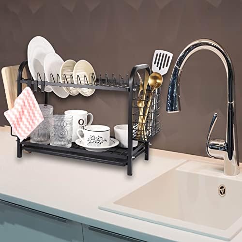 Medo 2 Tier Dish Drainer Rack, Black Dish Drying Rack Dish Rack with Drip Tray, Drying Rack Kitchen with 3 Pcs Hooks Dish Drainer Sink Drainer for Kitchen Countertop Arrangement
