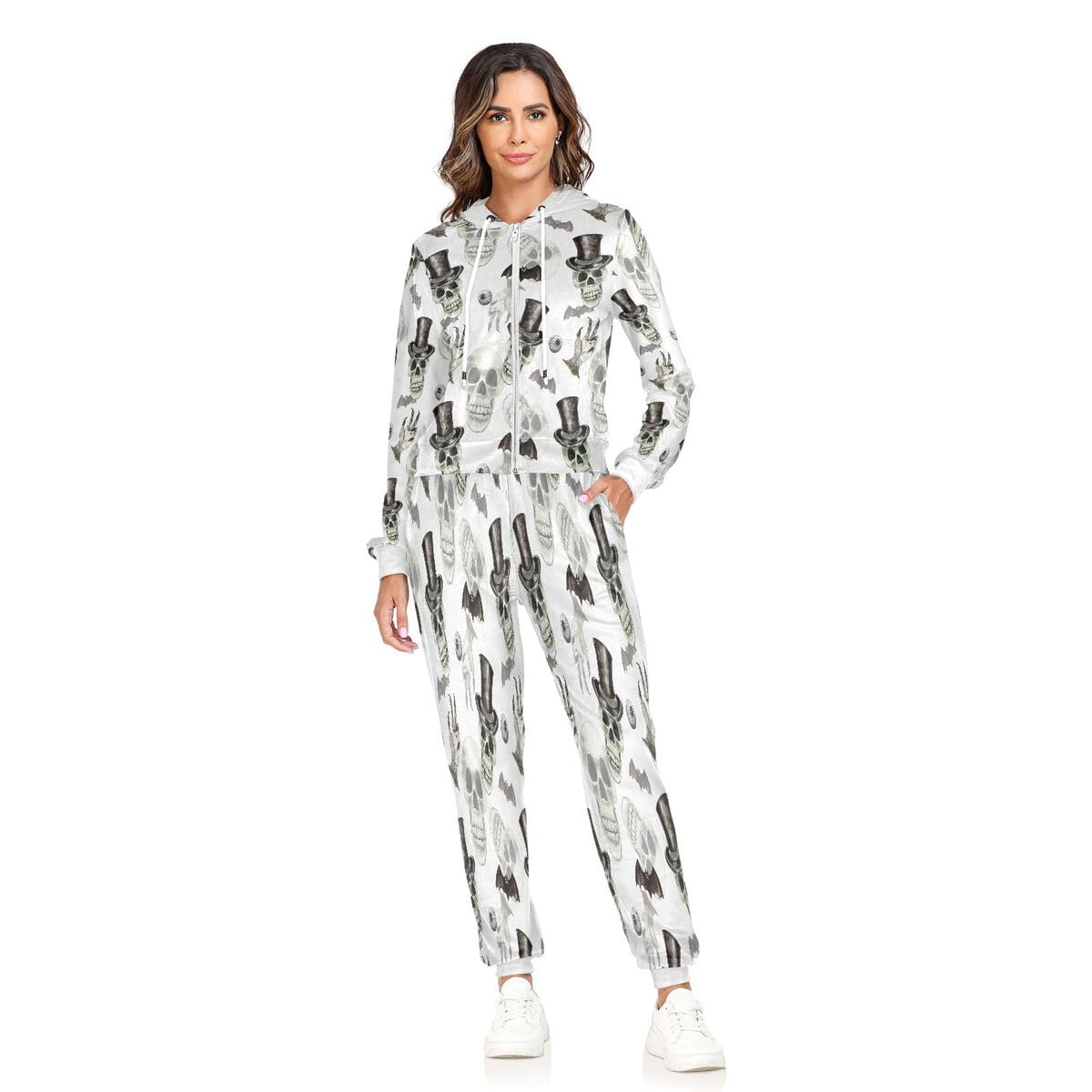 Conjunto deportivo de 2 piezas para mujer, diseño de calavera y acuarela, conjunto deportivo de manga larga para Halloween, murciélagos góticos