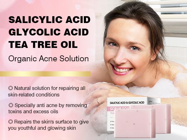 YAFUSIPE Salicylic Acid Scrub Soap, Face Bath Soap Bar with Glycolic Acid Tea Tree, Exfoliating Face Body Wash for Women & Men Anti-blemish Acne Strawberry Legs Ingrown Hair Keratosis Pilaris 200g/7OZ