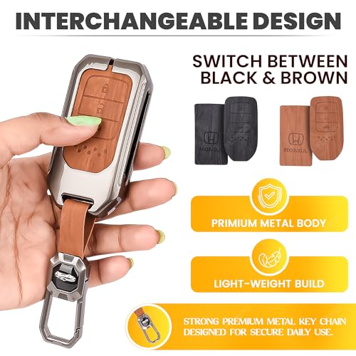 Image of Car Key Cover Compatible with Honda BRV, WRV, CRV, Jazz, City 3-Button Smart Key (Dual Leather Metal (Black & Brown))