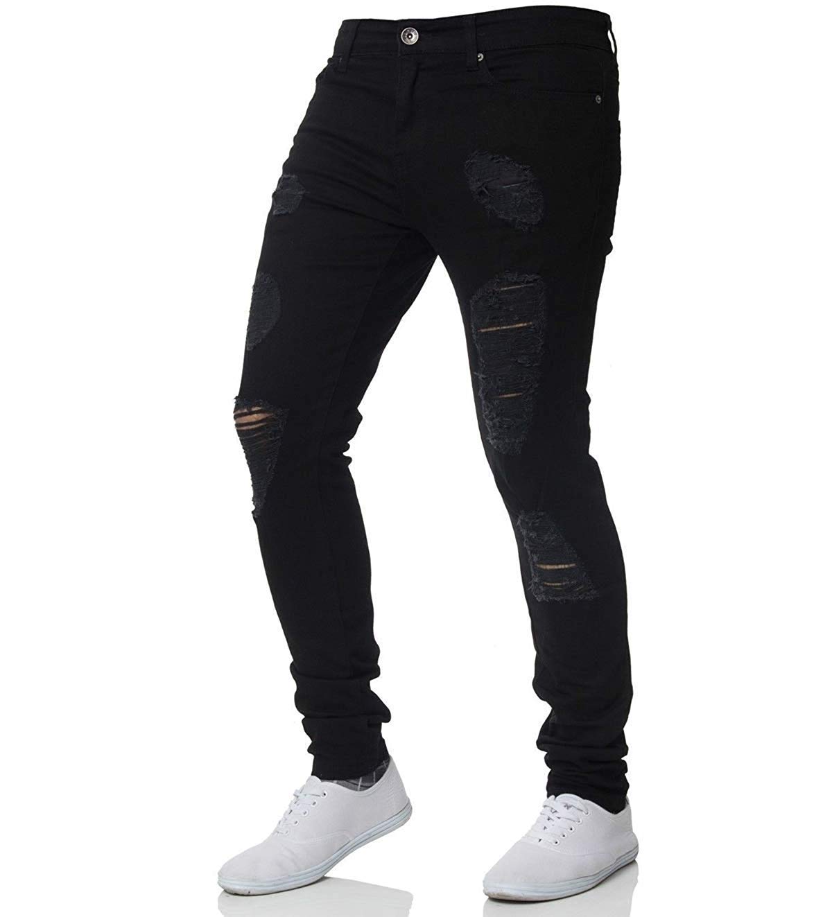 BSFASFMen's Skinny Slim Fit Stretch Jeans Denim Ripped Pencil Pants (Black 1, XXXL)