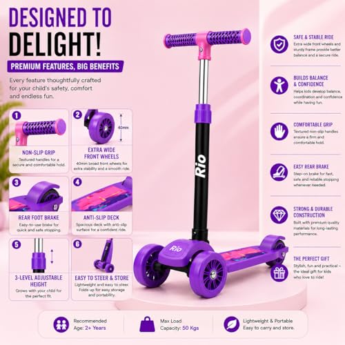 Image of MiniExplorer Rio Kids Kick Scooter for Boys & Girls 3-12 Years - Purple | Adjustable Height Foldable Scooter with Rear Brake & Anti-Slip Deck | 3 Wheel Outdoor Scooter for Kids
