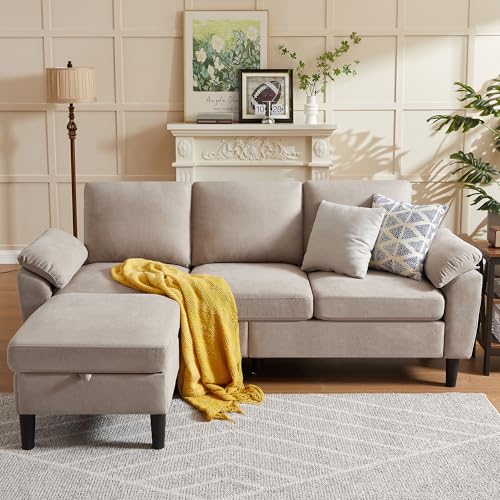 80" Convertible Sectional Sofa, Small L Shaped 3 Seat Couch with Reversible Storage Chaise, Modern Polyester Fabric Sofa Couches for Living Room, Apartment and Small Space, Beige - Image 5