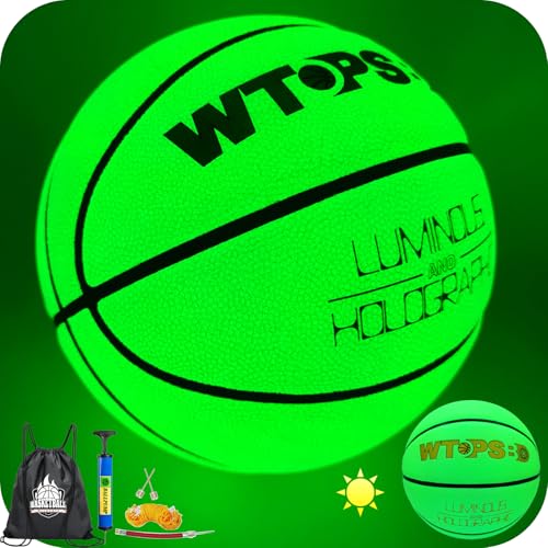 WTOPSBO Basketball Glow in The Dark, Luminous Glowing Leather Basketball Green with Pump and Bag Indoor Outdoor PU Leather Basketballs Size 5/6/ 7