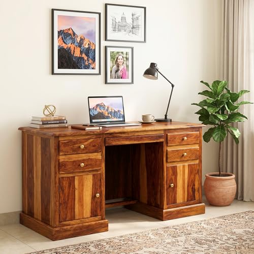 Image of SONA ART & CRAFTS Carmel Solid Sheesham Wood Study Table for Students Big Size with 4 Drawers & 2 Doors Wooden Study Desk Table Office Table for Work from Home Office Desk (Natural Teak Finish)