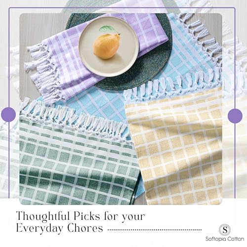 Image of 4 Pack Combo Colors Matrix Kitchen Towels, 100% Cotton, 16 inchx26 inch, Absorbent Tea Towel with Handmade Tassels, Reusable Cleaning Cloths - Lavender, Sandal Yellow, Aqua Blue, Forest Green