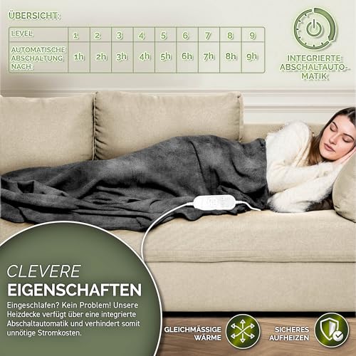 sinnlein® Heizdecke aus Plüsch 180 x 130 cm | elektrische Wärmedecke mit Abschaltautomatik | Kuscheldecke | Timerfunktion | 9 Temperaturstufen | waschbar bis 40°C | Digitalanzeige