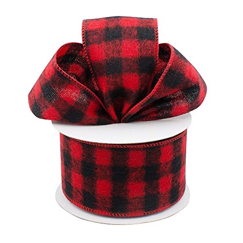 Image of Buffalo Plaid Wired Ribbon Decoration - 2 1 /2 inch x 10 Yards, Flannel Black & Red Check Decor, Wreath, Farmhouse, Gifts, Wrapping, Bows, Gift Basket, Fall, Christmas, Valentine's Day