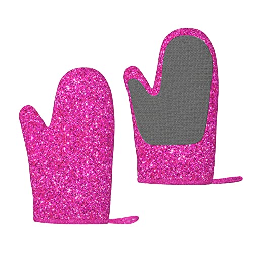 Hot Pink Glitter Print Oven Mitts,Silicone Oven Gloves Heat Resistant Non-Slip Microwave Oven Gloves A Pair