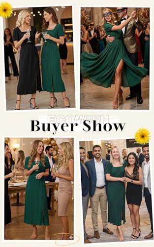 Image of ECOWISH Women Maxi Dresses Cocktail Party Wedding Guest Formal Pleated Long Dress Short Sleeve Slit Empire Waist Evening Gown