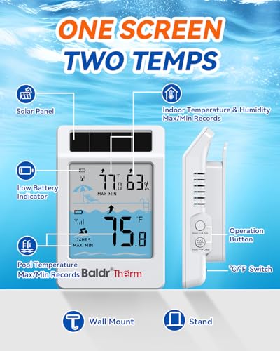 Image of BALDR Solar Pool Thermometer Floating Easy Read Large Dual LCD IPX8 | 0.9F Accuracy Wireless Pool Thermometer with Indoor Display Water Temperature Monitor 500FT for Pool, Pond, Hot Tub, Spas