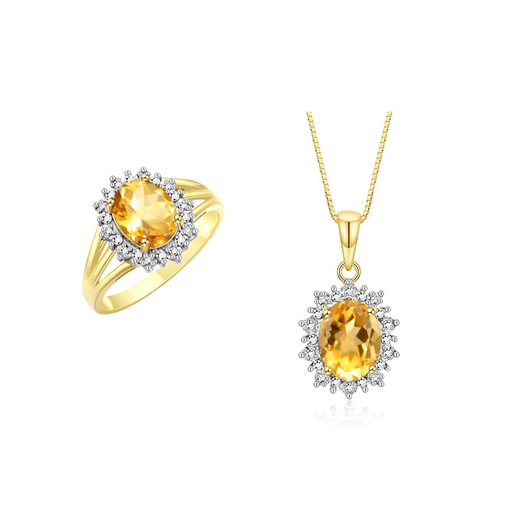 Rylos Women's Yellow Gold Plated Silver Princess Diana Ring &amp; Pendant Set. Gemstone &amp; Diamonds, 9X7MM Birthstone. Matching Friendship Jewelry, Sizes 5-10.