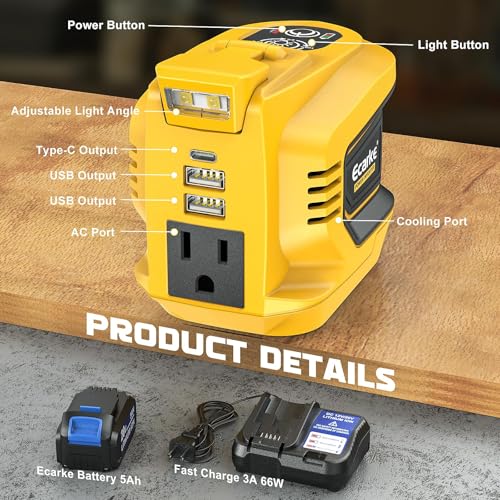 Image of Power Inverter 200W Portable Power Station Generator Compatible with DeWALT, Ecarke Real 200W Supply Charger Adapter with Dual USB,AC Outlet and Type-C with 5Ah Battery & Charger Station Kit