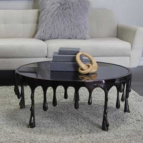 Image of Deco 79 Aluminum Metal Living Room Coffee Table Drip Table with Melting Designed Legs and Shaded Glass Top, Center Table 36 inch x 36 inch x 16 inch, Black