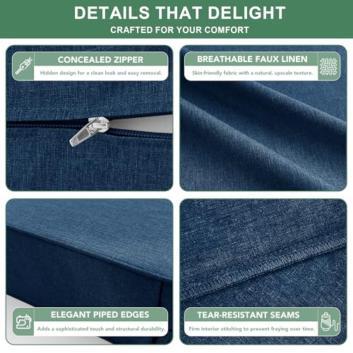 Image of Summsun Outdoor Chair Cushions, Faux Linen Backrest and Deep Seat Cushion Set for Patio Furniture with Weather Resistant Removable Cover, Ties, Non-Slip Bottom, 24 x 24 Inch, Navy, Set of 2