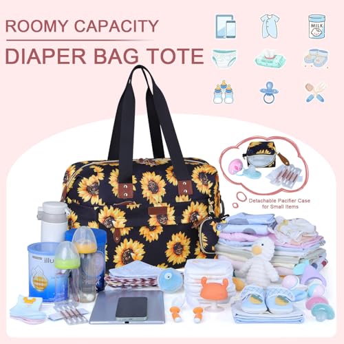 Image of Pritent Diaper Bag Tote - Diaper Baby Bags with Pacifier Case, Shoulder Straps, Stroller Clips, Waterproof Large Mommy Bag Maternity Bag Travel Baby Bag for Mom and Dad, Sunflower