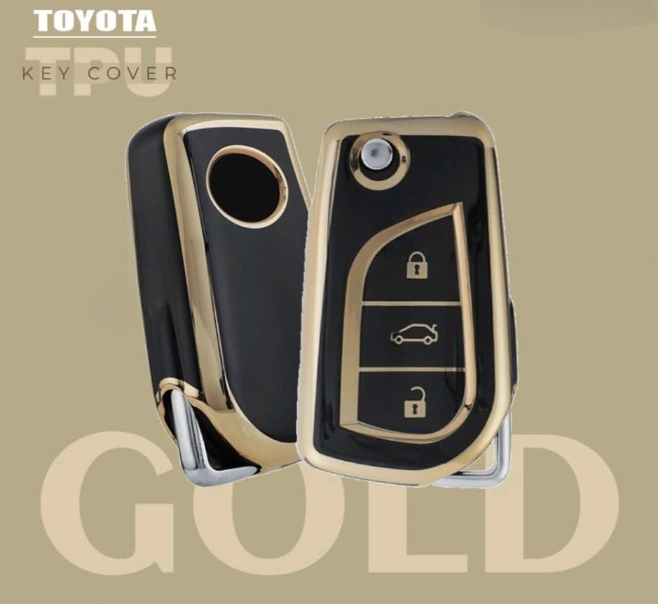 Image of TPU Car Key Cover Black & Golden Compatible for Toyota Innova Crysta, Corolla Altis (Toyota, 2 Button Flip Key)