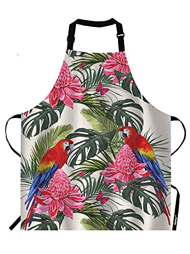 Moslion Tablier avec motif de paysage tropical, beau été floral avec feuilles de palmier tropicales, perroquet, col réglable, pour homme et femme, convient pour la cuisine, la serveuse, le chef Cover