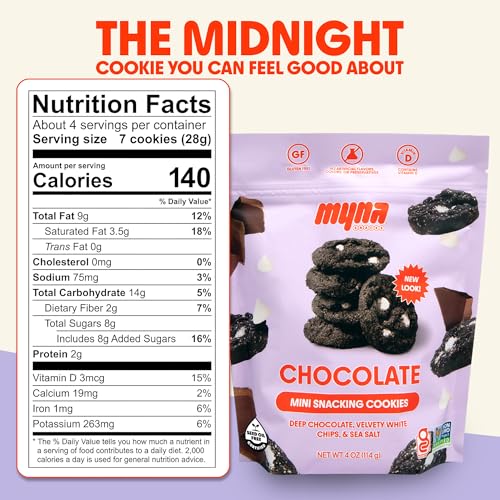 Image of Myna Snacks Midnight Mini Snacking Cookies - Seed Oil Free Snacks - Gluten and Dairy Free Snack - Chocolate Cookies w /White Chips - Healthy Dessert - Sweet Cookie Bites, 8oz (Pack of Two, 4oz Bags)
