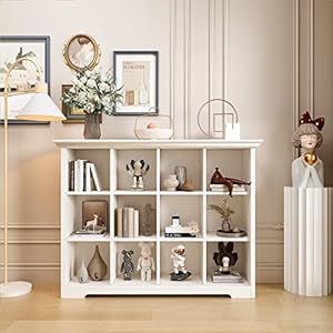 Wooden cube bookcase with base modern 3 tiers floor standing open shelf cabinet for home and office 12 cube lattice bookshelf warm white  urban country home decor