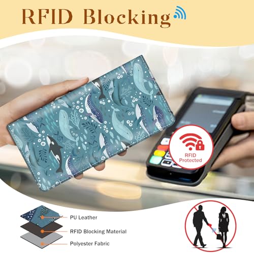 Image of Immaturus Dolphins Womens Wallet RFID Blocking Slim Thin Credit Card Holder | Long Bifold, 11 Card Slots, Cash Purse, Zipper Coin Pocket, Travel Clutch Billfold, PU Leather, ID Window, Ladies Woman Gift