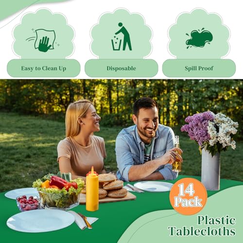 Image of Green 14 Pack 84 Inch Plastic Tablecloths, Disposable Round Plastic Tablecloth, Party Table Cover Plastic Table Cloth