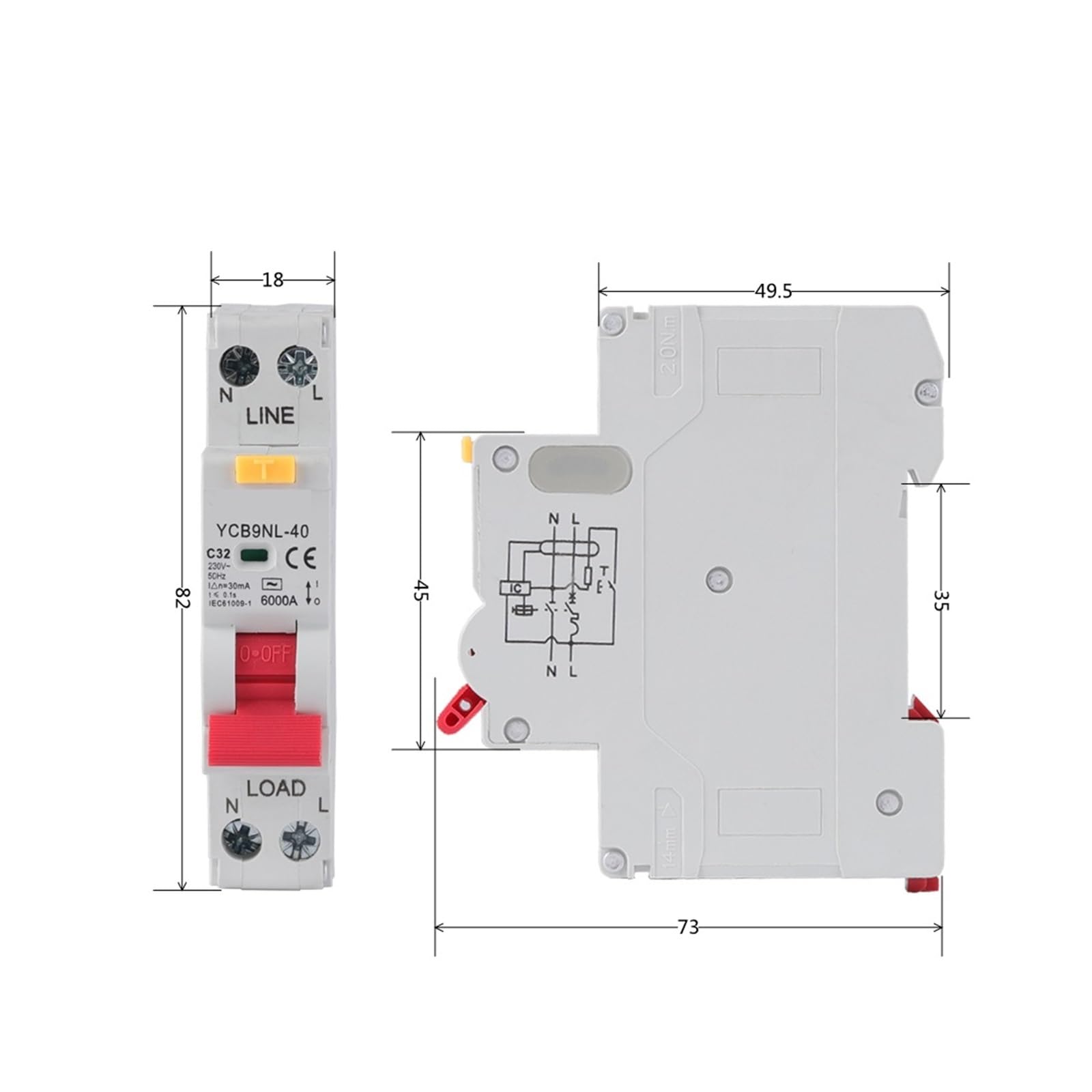 YCB9NL-40 18mm 230V 50/60Hz MCB 30mA interruttore corrente residua con protezione da sovracorrente (40A)
