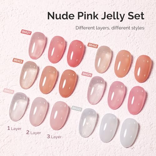 Image of MelodySusie Jelly Gel Nail Polish Set,6PCS Milky or Jelly Texture,Nude Pink Colors Soak Off UV LED Light Cure or Salon Manicure and Nail Art DIY at Home 15ML